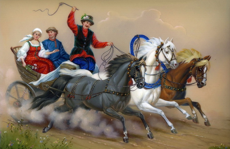 Русские народные песни кони. Федоскинская миниатюра тройка лошадей. Федоскино тройка лошадей. Тройка в живописи Федоскино. Федоскинская миниатюра кони.